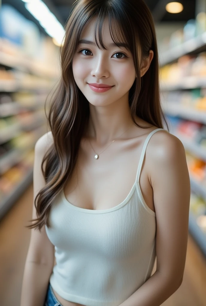 close-up, of beautiful korean female, 34 inch breasts size, slightly smile, wearing sleeveless shirt, holding donut, in the corner of the shop, Bokeh background