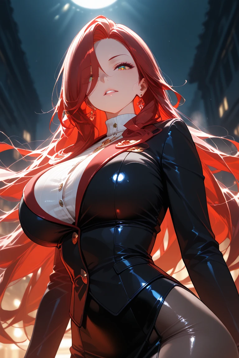 A masterpiece, very detailed, ultra detailed, one, (1 woman), She is in a tight burgundy leather suit with white details and in an elegant pose, super mature, tall, mom, mature mother, super long hair, blood red hair, tied in a ponytail hair, curly hair, beautiful, charming, dark red eyes, elegant, large breasts (huge, torn), cheerful breasts, neutral face, frightening dark background, atmosphere against the background of huge ruins.