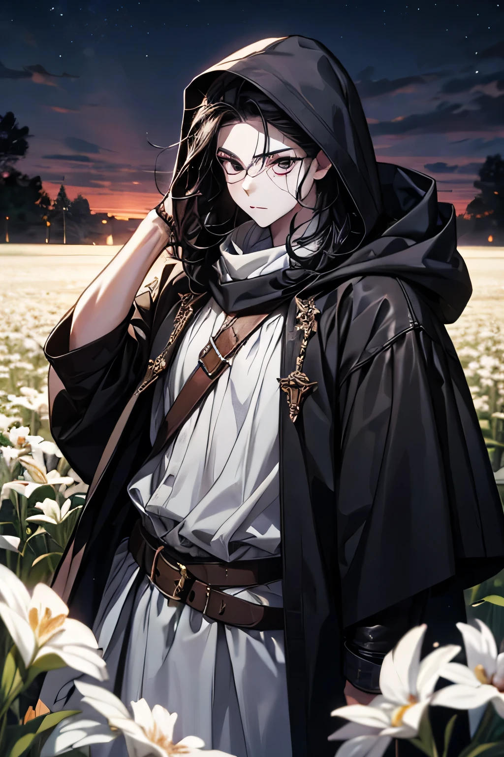 eyes, Young, , white skin , pale, veins visible through the skin , black eyes, white sclera, long curly black hair , heavy clothes medievais de couro, open field, night, heavy clothes, medieval leather clothing, Tunica, hood