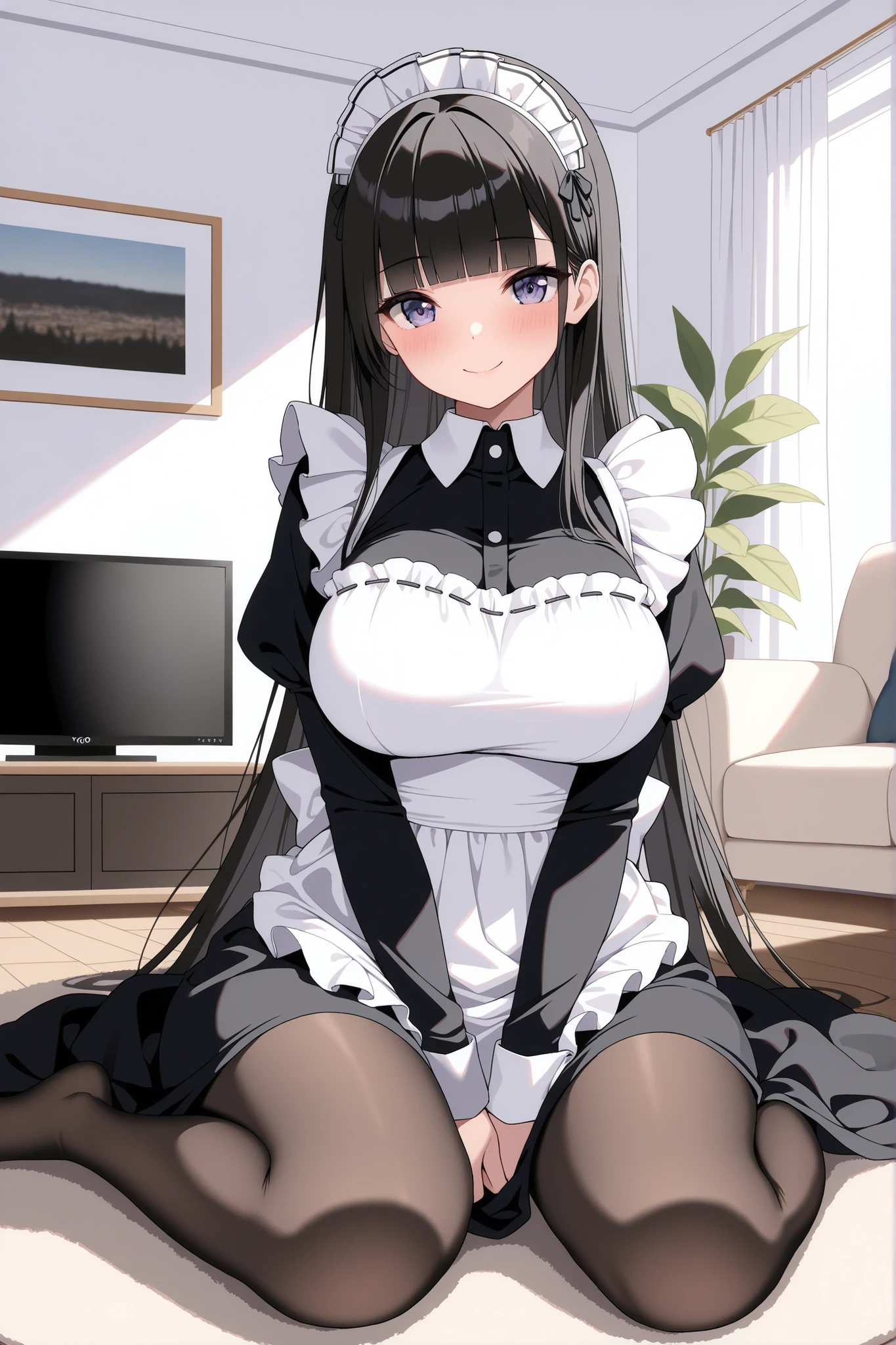 1woman(solo, full body view, frontal view, standing, hands folded in lap, facing camera), 30years old, sexy, beautiful, latina, dark tanned skin, dark brown hair, long hair, straight hair, shiny hair, green eyes, big eyes, shy, slim build, very long legs, medium firm breasts, perfectly groomed, maid uniform(very short skirt, big cleavage, no panties), maid headdress, black heels, eye contact, minimalistic room(white walls, wooden floor, minimalistic furniture, lots of flowers), best resolution, best quality, high quality, anime, ecchi, hentai