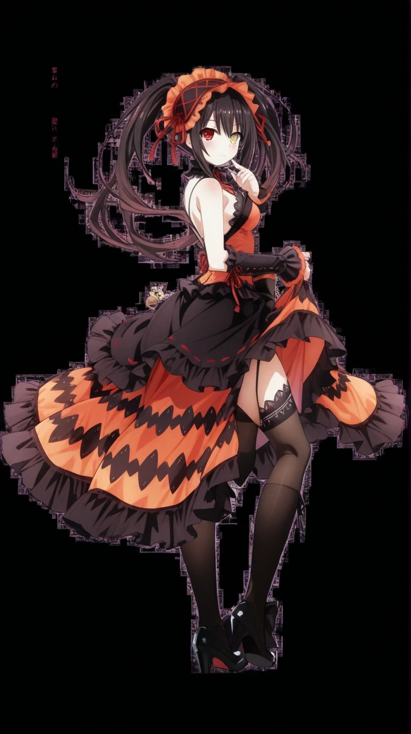 18 year old beautiful girl, masterpiece, top quality, 8K anime, 1 girl, detailed fingers, precise fingers, not unnatural hands, odd eyes, black hair twin tails, kurumi tokizaki, large breasts,