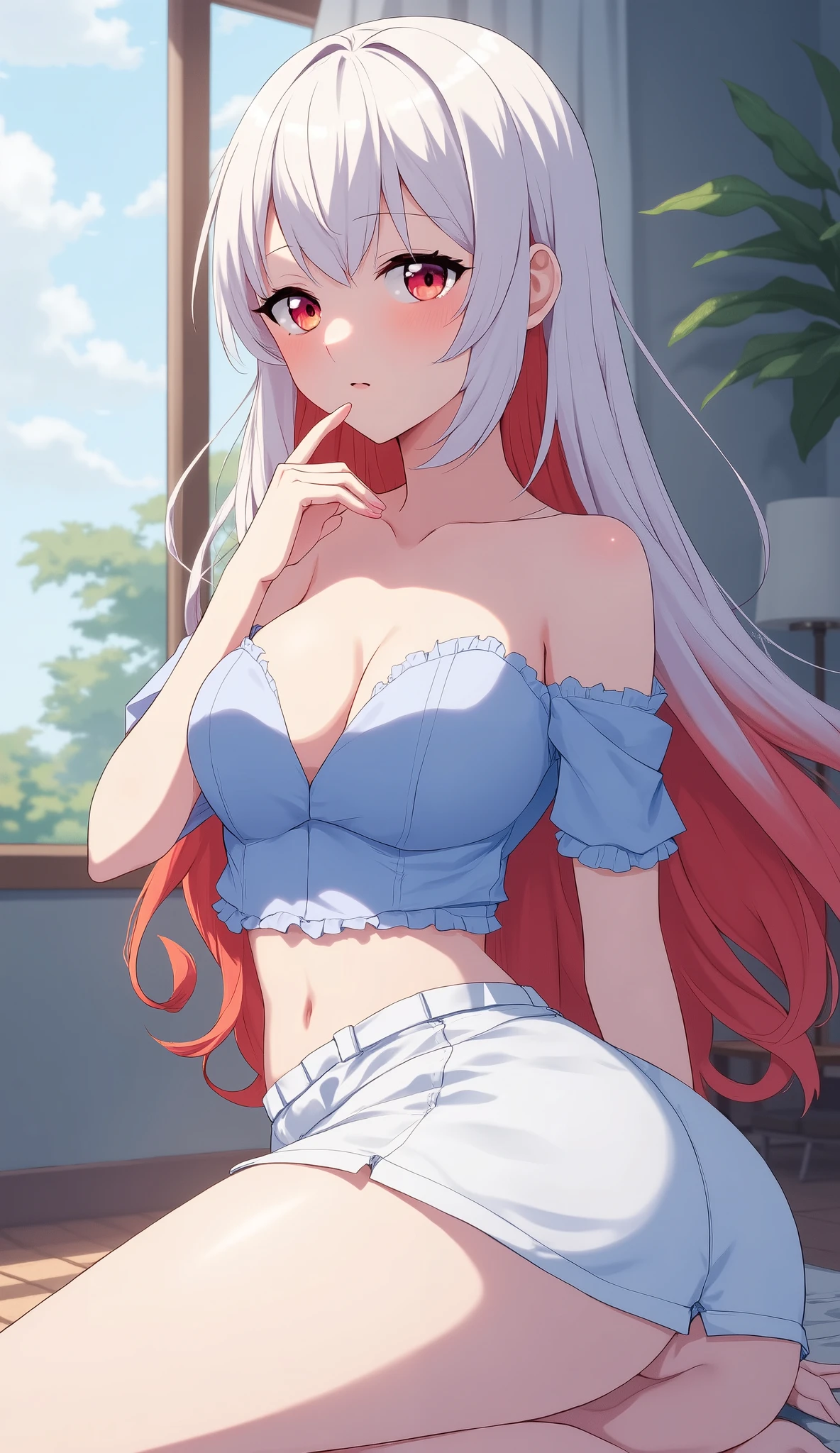 illustration：Ultra-delicate，White skin，Large breasts:15，Denim black pants1:5，Black underwear 1:5，Strapless bra1:5，Long pink hair，The background is the garden，There are chairs in the garden，sit on the chair，Cover your legs with a blanket，The fluffy quilt is still on my legs