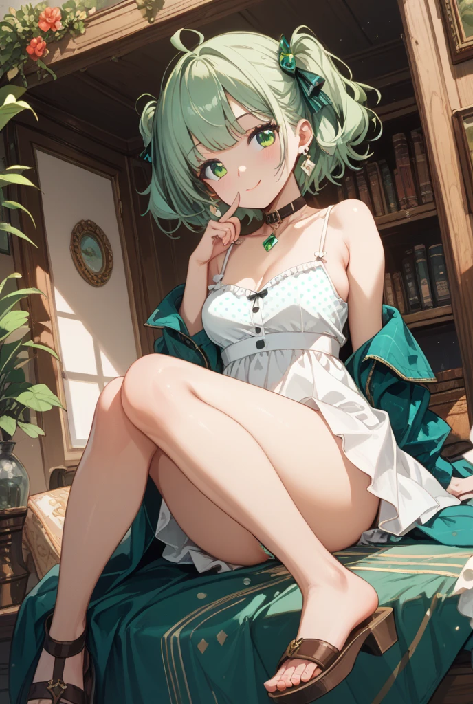absurd, 8K, high resolution, ultra detailed, beautiful, masterpiece, best quality, very pretty woman, young, blonde hair, (very big breasts:1.2), detailed woman's face, very attractive, (green lingerie:1.2), full body, shinjou akane, light purple hair, (pink eyes:1.2), short hair,