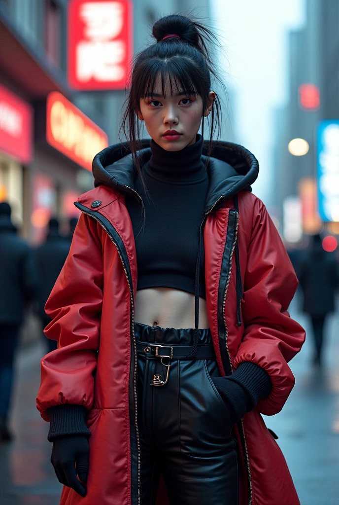 young japanese female model, 20 years old, short height, long brunette hair, super long bangs hairstyle, blue eyes, 16k resolution, highly detailed, Hyperrealism, cinematic lighting, bokeh, masterpiece, UHD, textured skin, super detail, high details, high quality, award winning, best quality, highres, wearing black bra and leggings with red puffer jacket, white nike boots, light smile, night, full body shot,