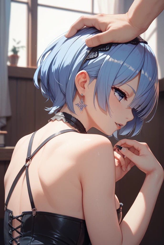 lost half-closed eye,visibly drunk,shoulder cut sleveless sweater with neck collar, side body,,large back cutout,front and back,hourglass dark room with coloful lights in the background,sitting on a bar,anime big eyes,anime face,anime body,long exposure,detailed background,(masterpiece), (best quality), (detailed),detailed face and Clothing,looking sexy,sexy pose,erotic,teasing,