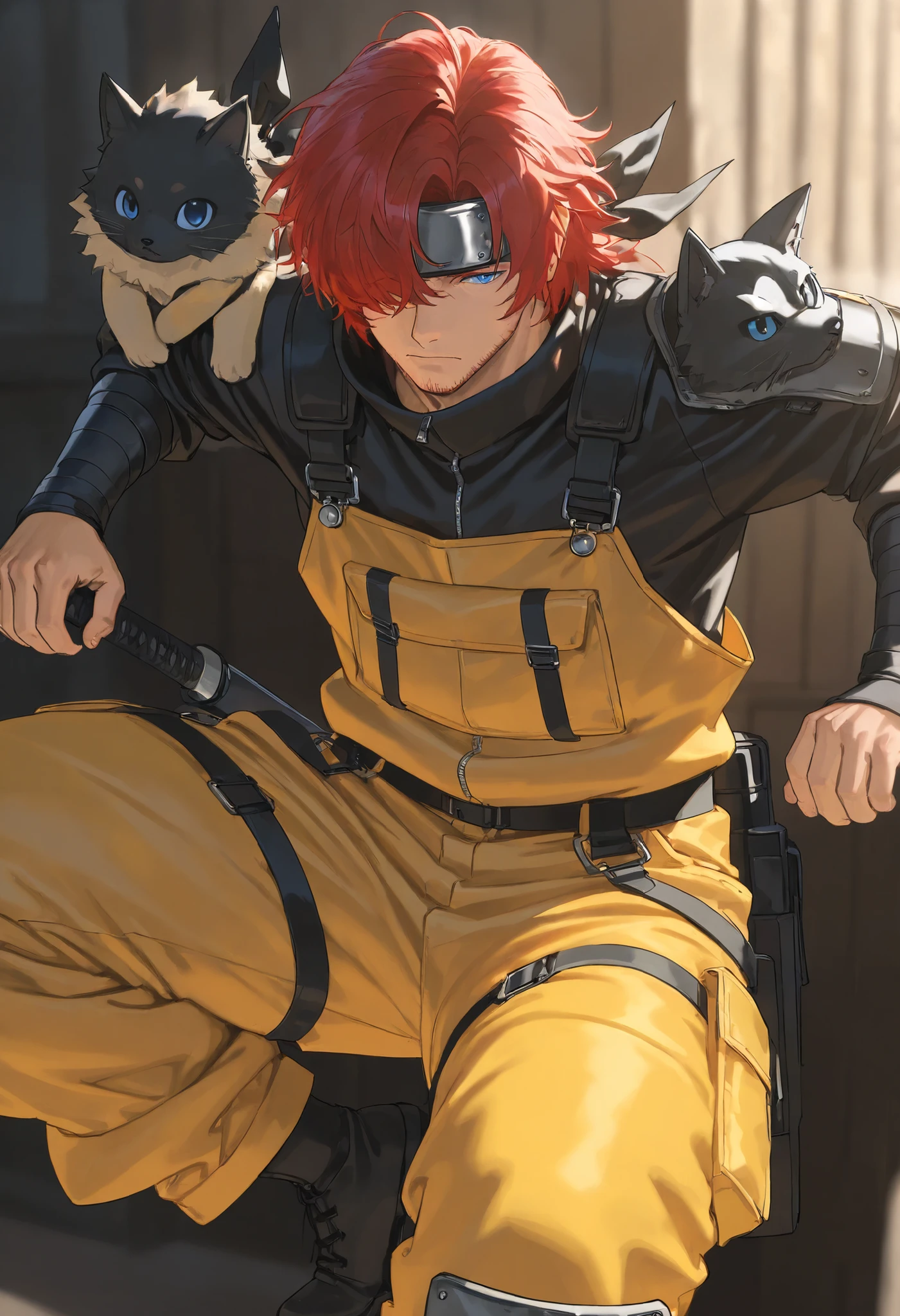 score_9, score_8_above, score_7_above, score_6_above, \(quality\), 1male, long red hair, tied tuck, fluffy hair, hair over eye, blue eyes, taller frame, mature male, wearing a orange and yellow overalls, oversized baggy pants, ninja bandana on the shoulder, Colored_NarutoManga_ownwaifu