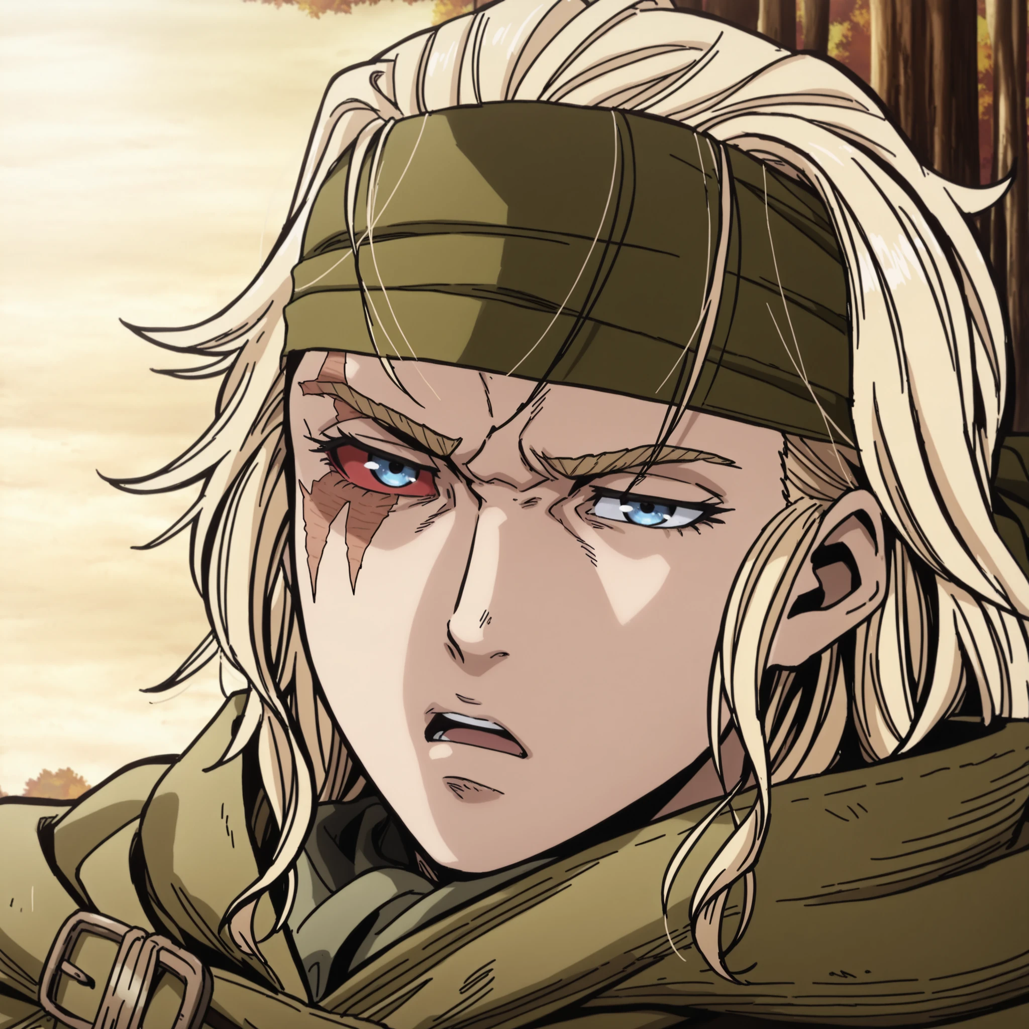 score_9, score_8_up, score_7_up, source_anime, intricate details, (anime screencap, flat shadows, 2d:1.2) perfect eyes, detailed eyes, detailed face, detailed background, forest, portrait, Vinlandsagastyle-IL.V1.0, green bandana, serious, talking, slightly open mouth, neutral face, uninterested , blonde hair, blue eyes, long hair, bandana, one red eye, face scar, hair up, looking at viewer, green cape, (one red eye, red esclera:1.2)