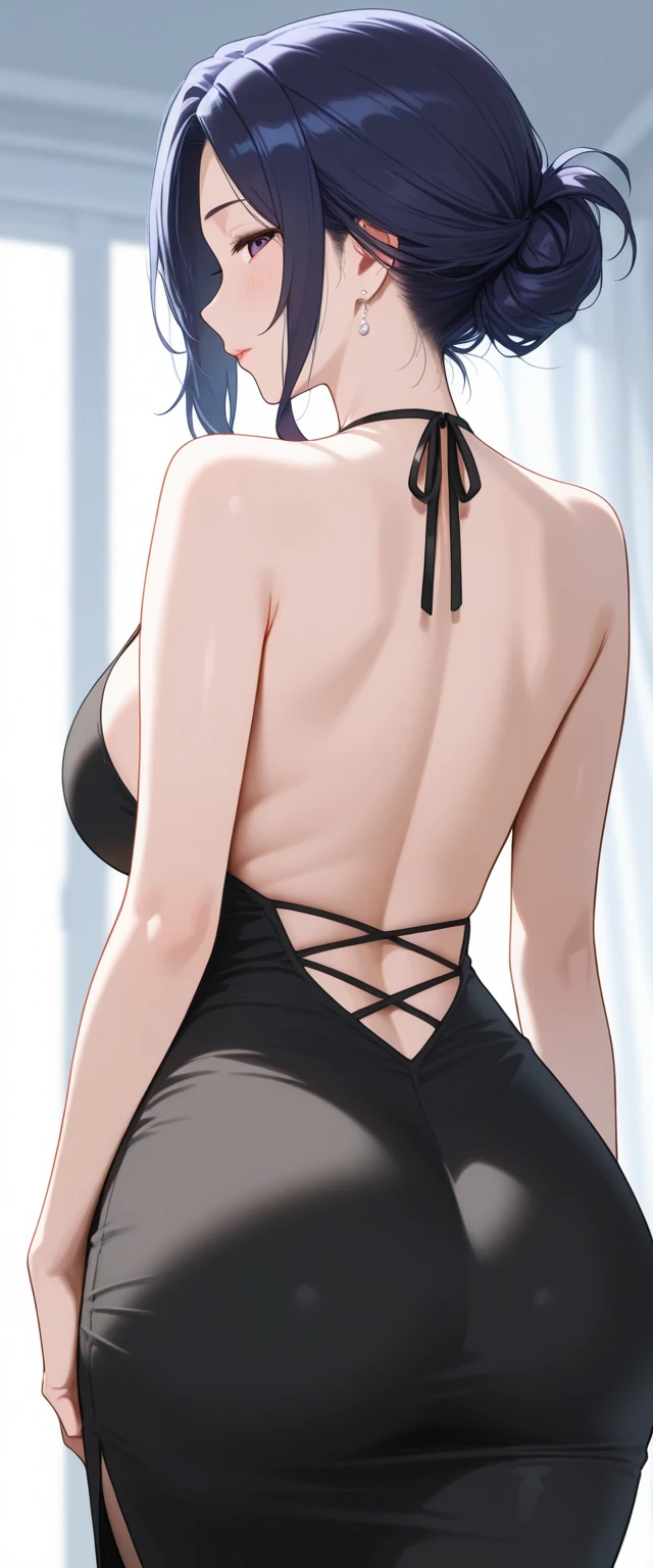 masterpiece,best quality,<lora:ako_(dress):1>,aako,1girl,solo,back focus,from behind,earrings,backless dress,white background,simple background,blue dress,halo,bracelet,bare back,halter dress,nail polish,bare shoulders,median furrow,ass,facing away,virtual youtuber,shoulder blades,nape,holding,