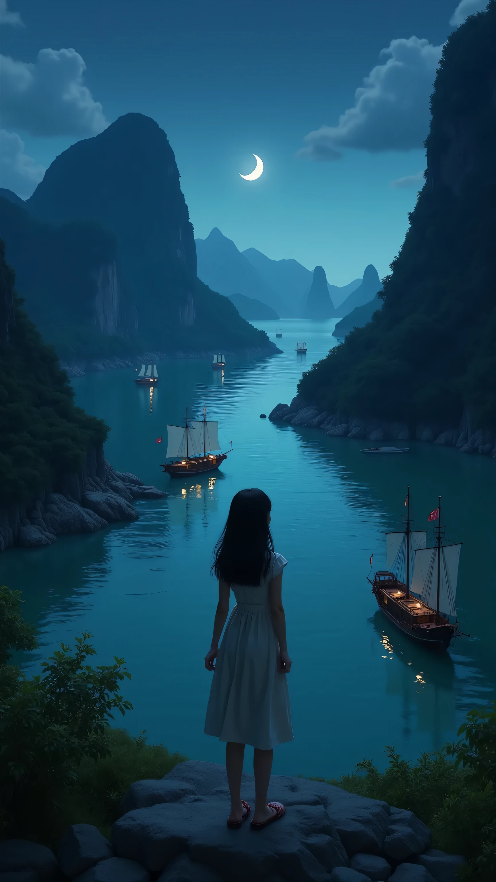 high resolution images、Night at Ben Beo Port in Vietnam、A girl is watching the ocean on Cat Ba Island、 Steep Mountain々、Several ships、Crescent Moon and Green Sea、Scenery seen from the island