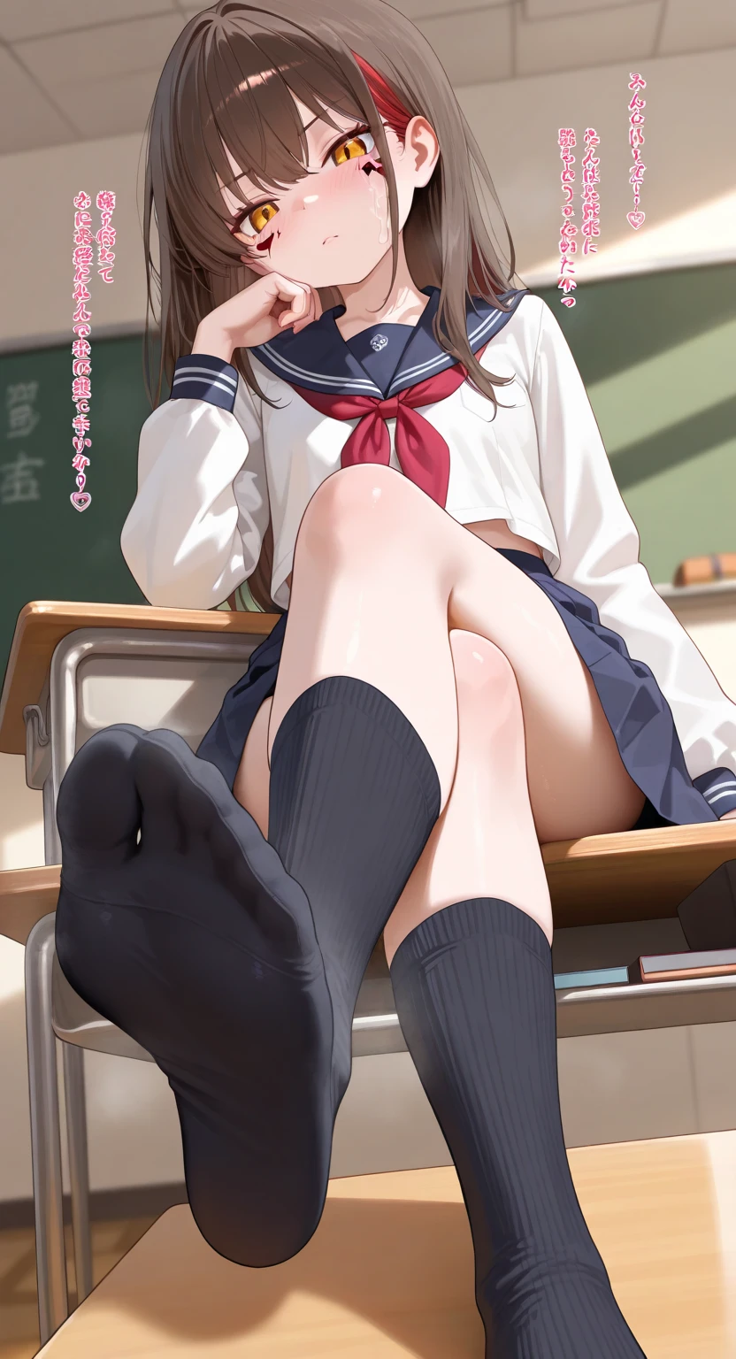 ((Highest quality,4K,Super detailed)),One Girl,age Girls,Japanese students,,((Gal,コGal,bad)),Bronze Hair,(Side Ponytail),Scrunchies on the wrist,Earrings,Brown skin,Sunburned skin,(Japanese students服,Sailor suit,紺色のSailor suit),(Short skirt,Pleated skirt),(Crouching posture,Camel Toe,Leg spread),Sweatばむ肌,Sweat,Water Drop,Disdainful gaze,((Photographed from below, looking up)),(Staring at the photographer),(loose socks,白色のloose socks,膝下丈のloose socks:1.3),classroom,学校のclassroom