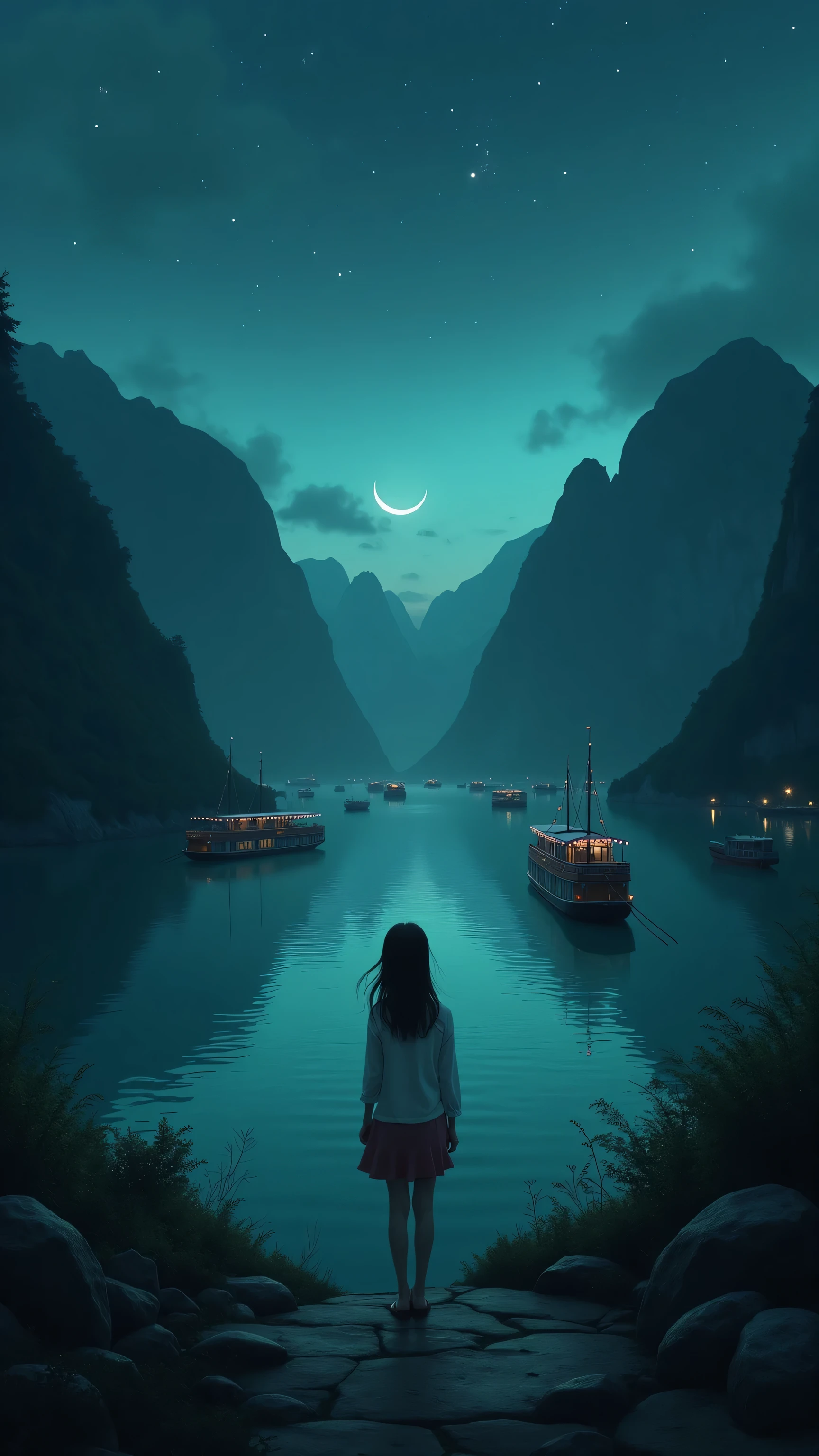 high resolution images、Night at Ben Beo Port in Vietnam、A girl is watching the ocean on Cat Ba Island、 Steep Mountain々、Several ships、Crescent Moon and Green Sea、Scenery seen from the island