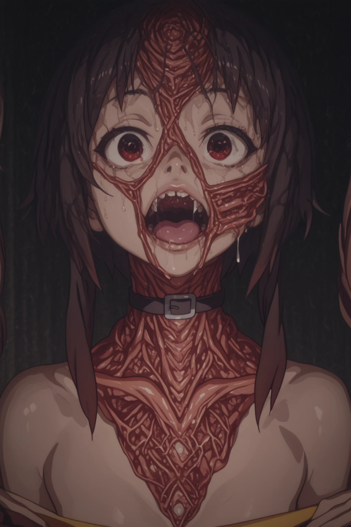 Give me a picture of an anime black-haired girl with dull eyesight,Looking down at the skeleton sitting on the chair with a black smile,And add two close-up comics layout shots,Looking down at the skeleton,Laughing with the yandere girl looking down from the crowd