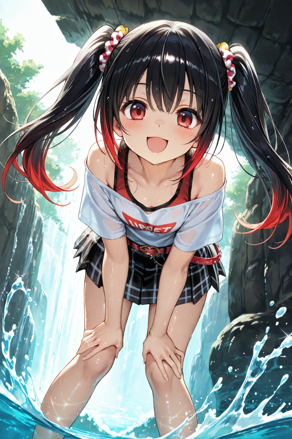 (傑作), 背景, 水上都市, 幻想的, 1女の子, ((開脚)),red and blue heterochromia, smile+happy, medium hair, blunt bangs, flipped hair, black hair, red inner hair, (wavy hair), 上半身, ((((nude)))), arms up, open mouth, ((正面)), アホ毛, standing, spread legs, nsfw, from below,