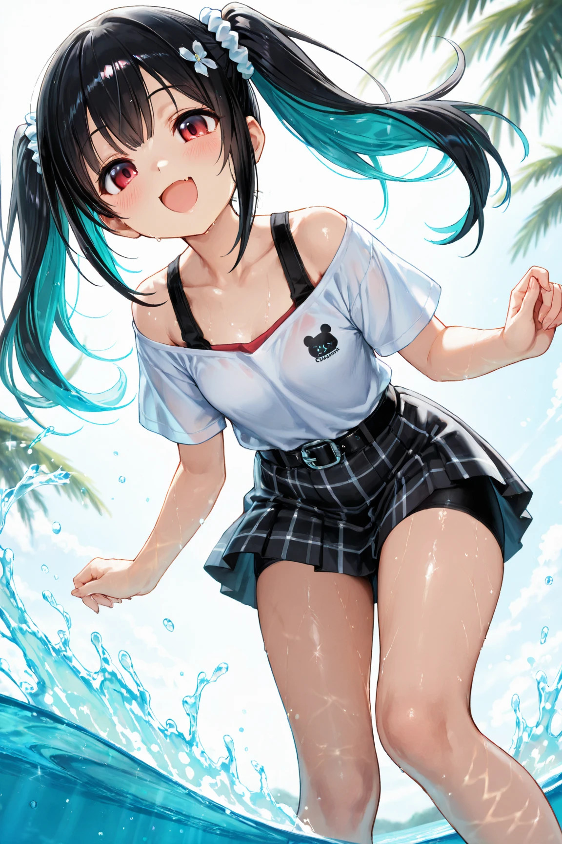 masutepiece, Best Quality,Illustration, Wallpaper, ultra -detail, 1little girl、♡、Futomo、Poses in motion、soft smiling、Summer scenery、Bright and colorful swimsuits、swimming pools