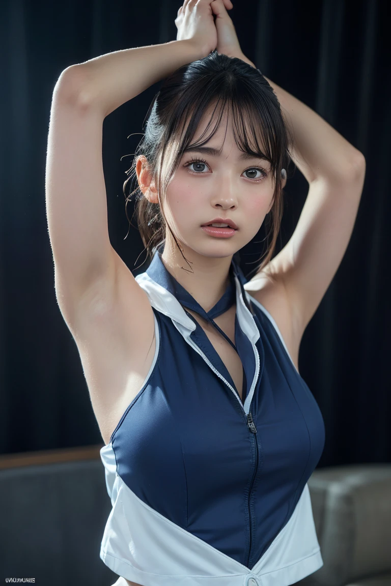 (masterpiece、highest quality、Highest Resolution、clear_image、Detailed explanation): ((Large Breasts:1.3)),(Full body portrait、24-year-old girl、The Face of Japan、Small face、thin、Navy blue ponytail，Blue colored eyes、Blue and black shiny pilot suit、Armor to protect the chest、Tight fitting clothes、Clothing that covers the entire body、Tight Fit Pants、Very delicate and beautiful、hide thighs、Hide your ass、Cute type、A kind smile、Soft look、headset、Knee-high boots、Elbow-length gloves、Eye-level shot、face directly、Woman on a spaceship)、, (((Underarm hair、Underarm hairを見せる、Raise your arms、Underarm)))Background、Daytime city