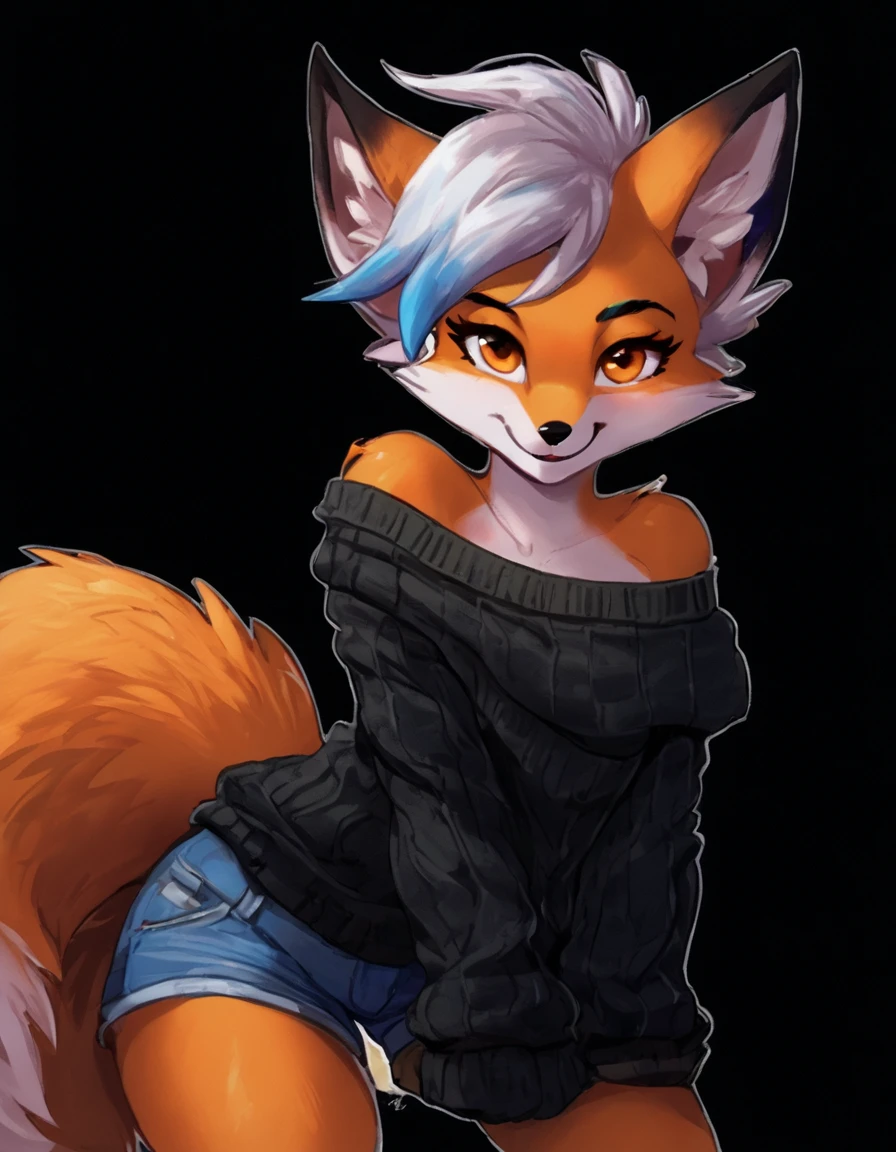 Half-closed eyes, smug smile , 1girl, anthro, furry, fur, fluffy fur, fennec fox, trying to lift her shirt to show you her bra, long hair, one closed eye, baggy pants, torn pants, bedroom background, score_9, score_8_up, score_7_up, score_6_up, score_5_up, score_4_up