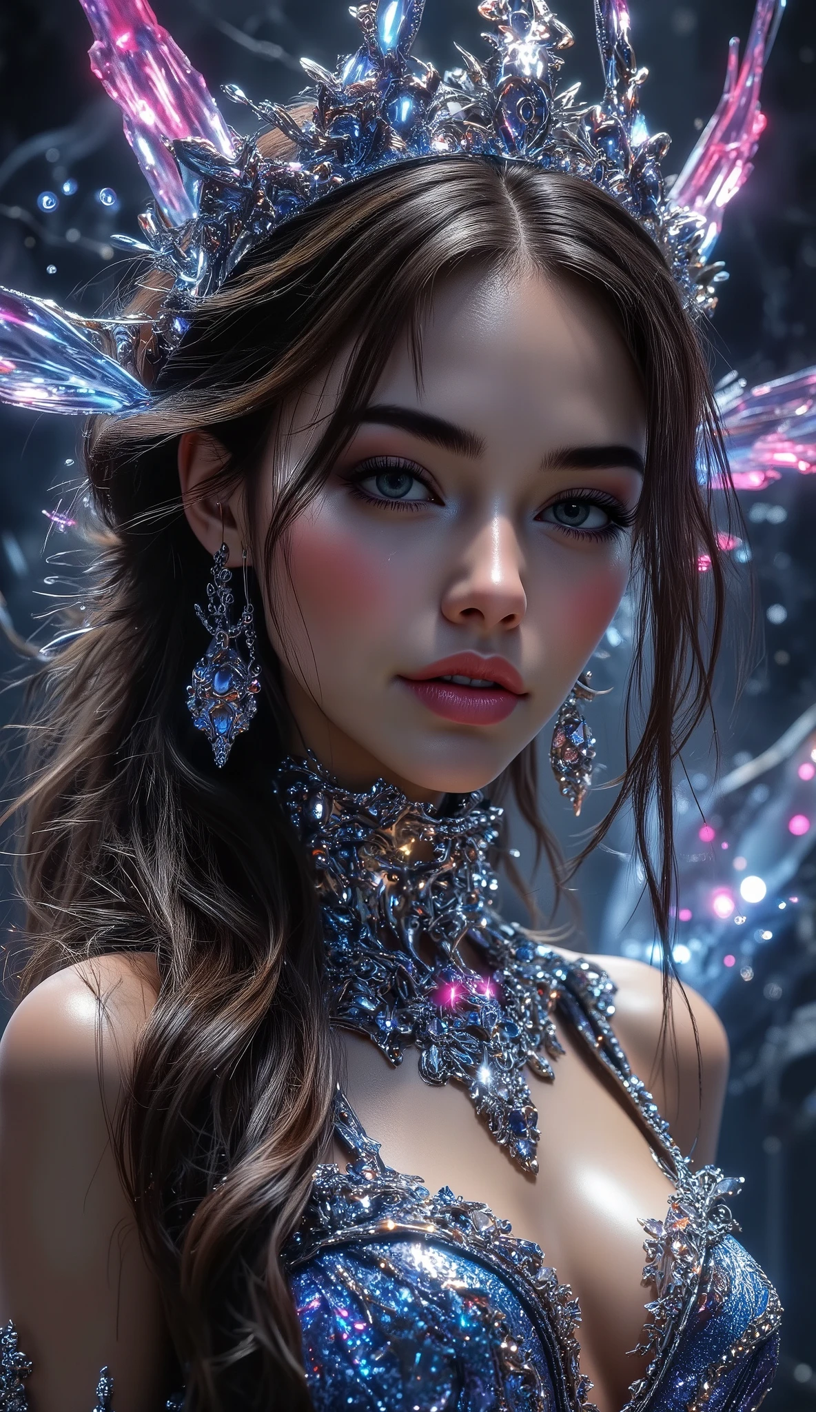 [Style: "masterpiece, realistic, (photo realistic Realism), ultra-detailed, Hyper high resolution"] (Key Directive: - ("The priority is the anatomical accuracy and texture of the materials" - "Ultra-sharp human eyes with biological accuracy"), (ultra realistic texture details: velvety skin, hair), professional photography, (anatomically correct), (perfect female body:1.4), fashion model, ((best highest detailed realistic dark brown_eyes:1.3)), ((super realistic sharp-eyes:1.2)), a fairytale-like picture , beautiful princess님, full body photo, A well-drawn fairy tale, beautiful princess, , a fairytale-like picture , Detailed description, A well-drawn fairy tale, Vivid expression , Detailed facial features, Luxurious Outfit, colorful jewelry, graceful posture, Fantastic Backgrounds, magical atmosphere, Sophisticated contrast treatment, Detailed texture expression, Precision drawn with expert craftsmanship, Vibrant colors, Detailed texture expression,(big full breasts:1.22), (looking at viewer), upper body shot, (cowboy shot:1.6) (Rendering engine: "Unreal Engine 5 path tracing, 16K texture maps") ("Priority is anatomical accuracy and material texture") (front view,pov full body front shot),from above "