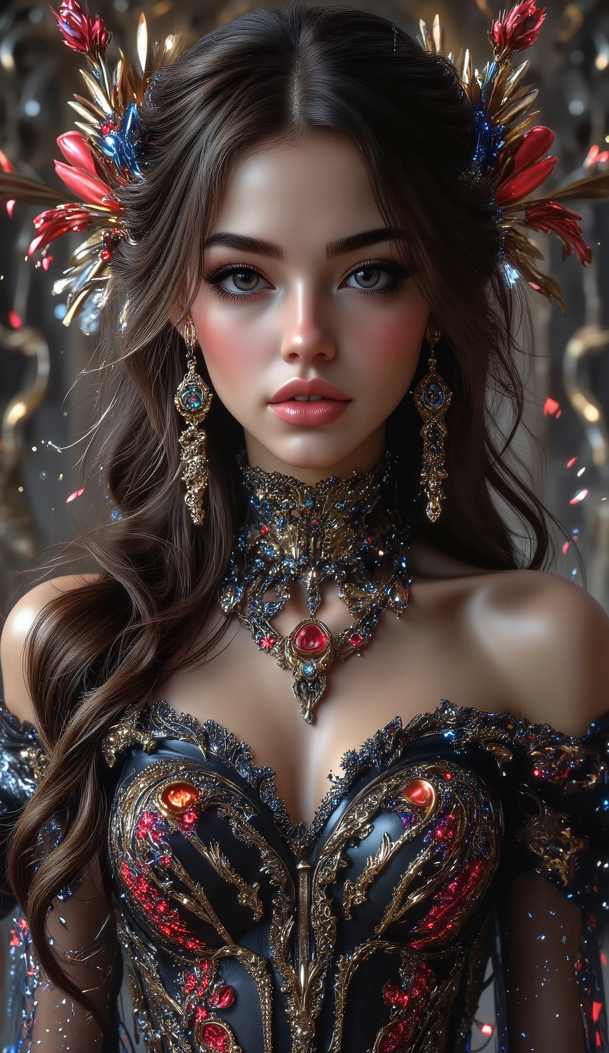 [Style: "masterpiece, realistic, (photo realistic Realism), ultra-detailed, Hyper high resolution"] (Key Directive: - ("The priority is the anatomical accuracy and texture of the materials" - "Ultra-sharp human eyes with biological accuracy"), (ultra realistic texture details: velvety skin, hair), professional photography, (anatomically correct), (perfect female body:1.4), fashion model, ((best highest detailed realistic dark brown_eyes:1.3)), ((super realistic sharp-eyes:1.2)), a fairytale-like picture , beautiful princess님, full body photo, A well-drawn fairy tale, beautiful princess, , a fairytale-like picture , Detailed description, A well-drawn fairy tale, Vivid expression , Detailed facial features, Luxurious Outfit, colorful jewelry, graceful posture, Fantastic Backgrounds, magical atmosphere, Sophisticated contrast treatment, Detailed texture expression, Precision drawn with expert craftsmanship, Vibrant colors, Detailed texture expression,(big full breasts:1.22), (looking at viewer), upper body shot, (cowboy shot:1.6) (Rendering engine: "Unreal Engine 5 path tracing, 16K texture maps") ("Priority is anatomical accuracy and material texture") (front view,pov full body front shot),from above "