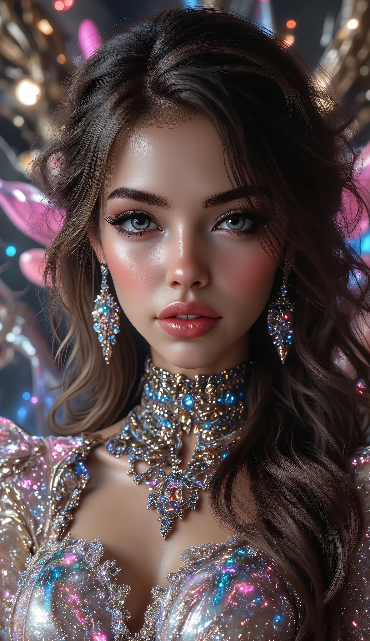 [Style: "masterpiece, realistic, (photo realistic Realism), ultra-detailed, Hyper high resolution"] (Key Directive: - ("The priority is the anatomical accuracy and texture of the materials" - "Ultra-sharp human eyes with biological accuracy"), (ultra realistic texture details: velvety skin, hair), professional photography, (anatomically correct), (perfect female body:1.4), fashion model, ((best highest detailed realistic dark brown_eyes:1.3)), ((super realistic sharp-eyes:1.2)), a fairytale-like picture , beautiful princess님, full body photo, A well-drawn fairy tale, beautiful princess, , a fairytale-like picture , Detailed description, A well-drawn fairy tale, Vivid expression , Detailed facial features, Luxurious Outfit, colorful jewelry, graceful posture, Fantastic Backgrounds, magical atmosphere, Sophisticated contrast treatment, Detailed texture expression, Precision drawn with expert craftsmanship, Vibrant colors, Detailed texture expression,(big full breasts:1.22), (looking at viewer), upper body shot, (cowboy shot:1.6) (Rendering engine: "Unreal Engine 5 path tracing, 16K texture maps") ("Priority is anatomical accuracy and material texture") (front view,pov full body front shot),from above "