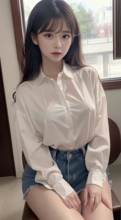((best quality)), ((masterpiece)), (get used to it), Very accurate description、perfect face, Detailed face、 Beautiful eyes in every detail、Realistic skin texture, japanese woman、32 years old、She is a teacher、I teach in the classroom.、wavy short hair、Overbite、half open mouth、Long mouth corners、full-body shot、A very loose white shirt、Not wearing、nipple、black skirt、No、、wet skin:2.0、wet hair:2.0、looks embarrassed、standing、spread your legs