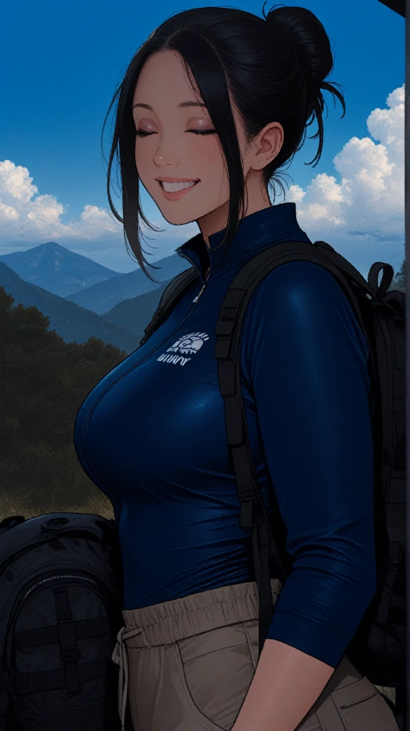 a Beautiful Girl with (Lush, long DarkBrown hair), (Beautiful Blue eyes), ???????????, wide ????, and a very Athletic and curvy Figure. wearing a (Brown-Leather-Jacket), (slightly short, LightBlue Shirt), (Heavily worn DarkBlue Jeans), Black Boots, and (Black Leather Fingerless Gloves). She is hiking in the woods, with a beautiful view of the forest and mountains in the background.