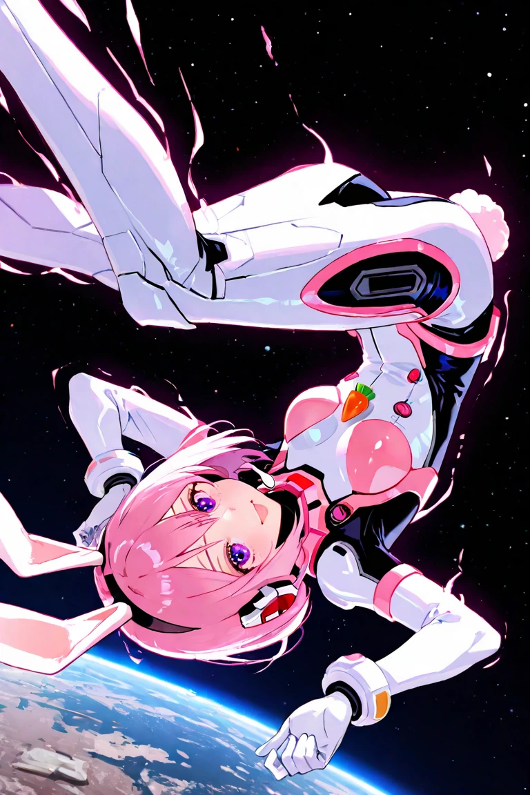 Perfect human body modeling, 1girl, small breasts, beautiful girl, cute girl and idol face, young face, smile, Beautiful long pink hair, twintails, Beautiful shining red eyes, white skin, Short body, Rabbit ears in robot style, powered armor, full armor, powered leg, metroid armor, Space suits, planetary exploration