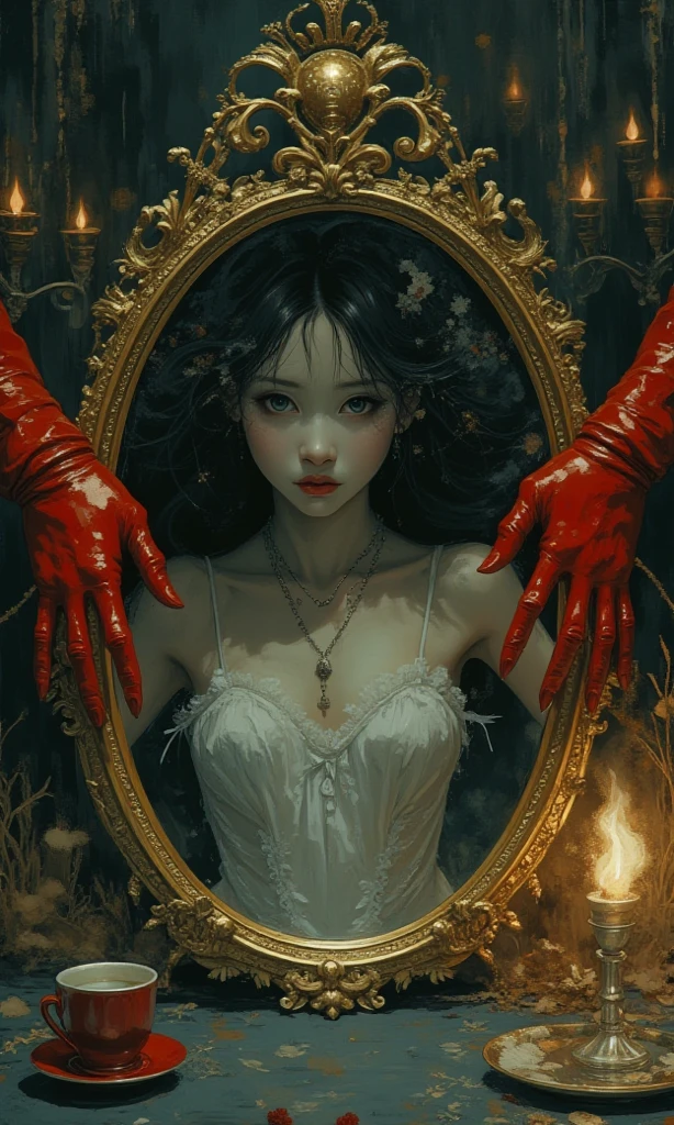 masterpiece, best quality, 1 girl, solo, supine, lying on the mirror, pale skin, messy hair, red eyes, glowing eyes, blood on face, blood on clothes, creepy, scary, blood, --auto