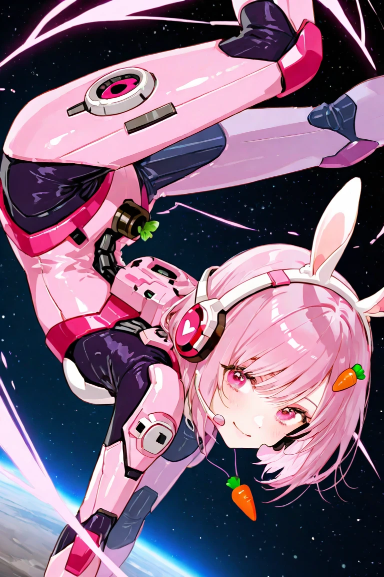 Perfect human body modeling, 1girl, small breasts, beautiful girl, cute girl and idol face, young face, smile, Beautiful long pink hair, twintails, Beautiful shining red eyes, white skin, Short body, Rabbit ears in robot style, powered armor, full armor, powered leg, metroid armor, Space suits, planetary exploration