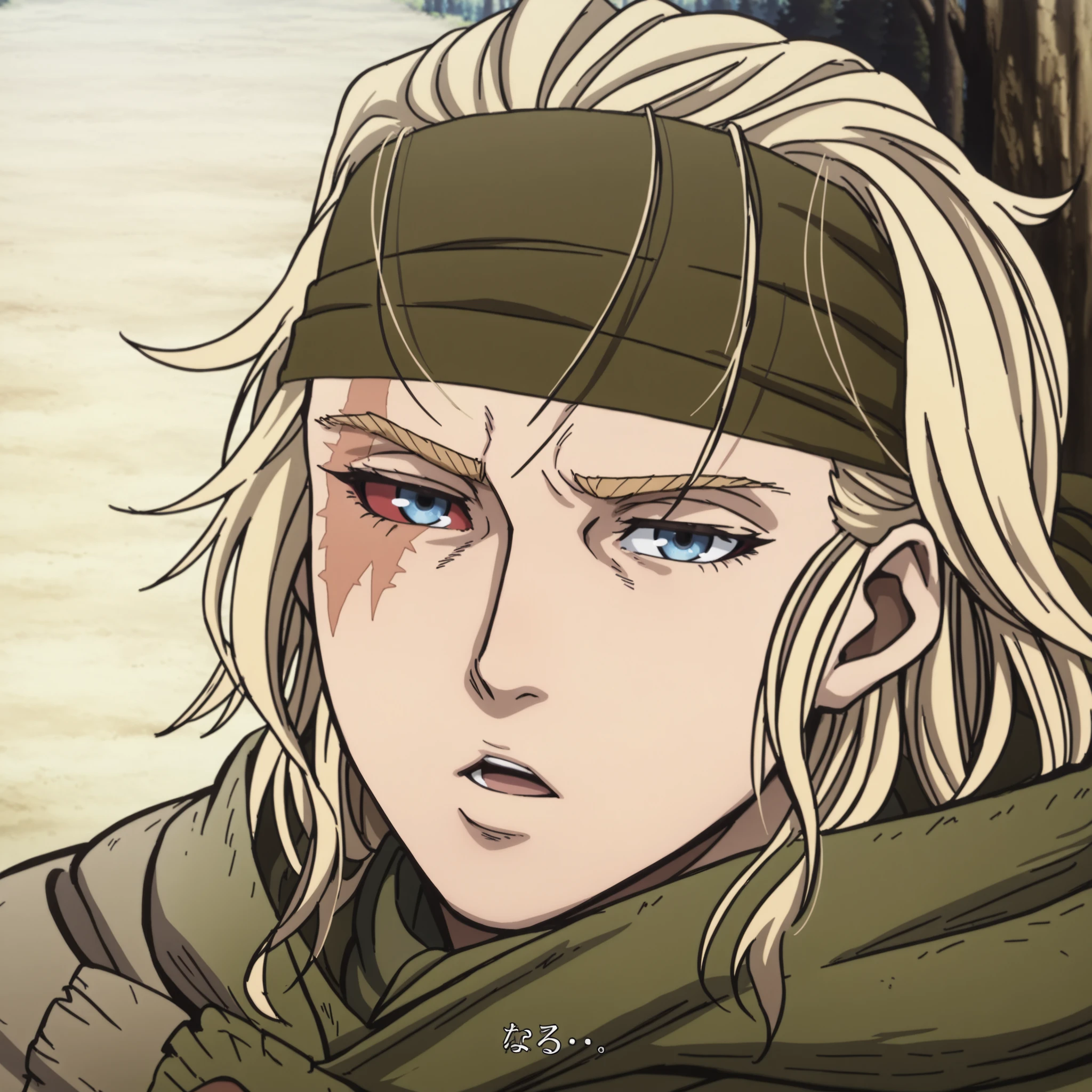 score_9, score_8_up, score_7_up, source_anime, intricate details, (anime screencap, flat shadows, 2d:1.2) perfect eyes, detailed eyes, detailed face, detailed background, forest, portrait, Vinlandsagastyle-IL.V1.0, green bandana, serious, talking, slightly open mouth, neutral face, uninterested , blonde hair, blue eyes, long hair, bandana, one red eye, face scar, hair up, looking at viewer, green cape, (one red eye, red esclera:1.2), vibrant green, forest, cold, winter