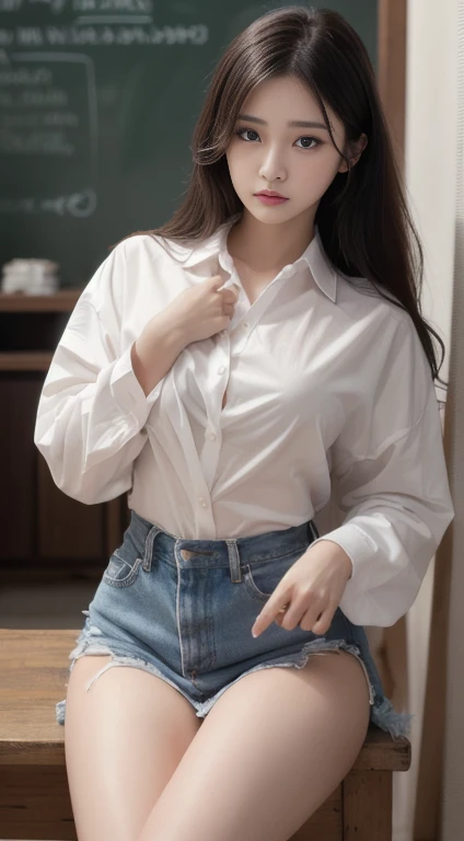 ((top quality, 8K, masterpiece:1.3)), Pretty Woman, 1 woman, chest:1.3, slim body:1.1, black hair, (long sleeve shirt, jeans, sitting on bench:1.1), ((park)), very detailed face, detailed lips, detailed eyes, double eyelid,