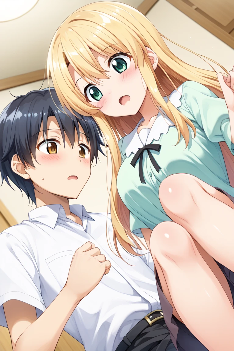 Three male students forcefully have sex with a girl who is crying and groaning in disgust, ripping off her blouse and exposing her bra and panties, grabbing her breasts.、Standing posture