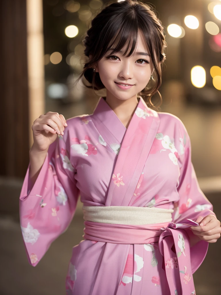 raw photo, 8k, (top-quality), Realistic, (real picture, Intricate details), (natural skin texture, detailed skin, hyper realism, sharpness), (pale skin:1.5), Japanese teenage girl walking in shopping street at night, (sexy floral pink yukata:1.4), slender body, ponytail hairstyle, shy smile, exposing cleavage, blunt bangs, night time
