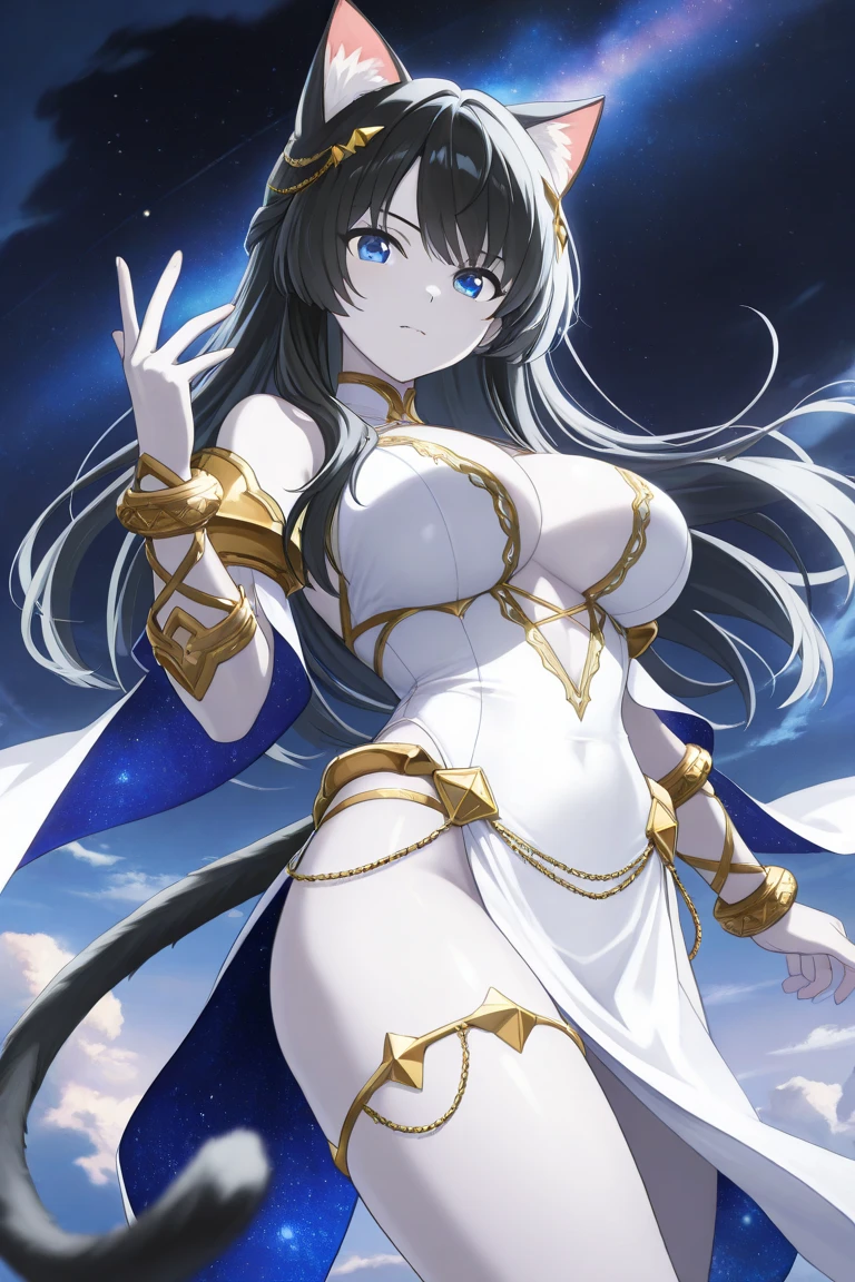 1girl, solo, game cg, high quality cg <lora:tharja-anixl-nvwls-v1-000005:1> plegianTh, two side up, hair ornament, feather hair ornament, bodystocking, bracelet, gold jewelry, bridal gauntlets, anklet, harem, middle eastern architecture, looking at viewer, large breasts, outstretched hand, night sky, masterpiece, best quality