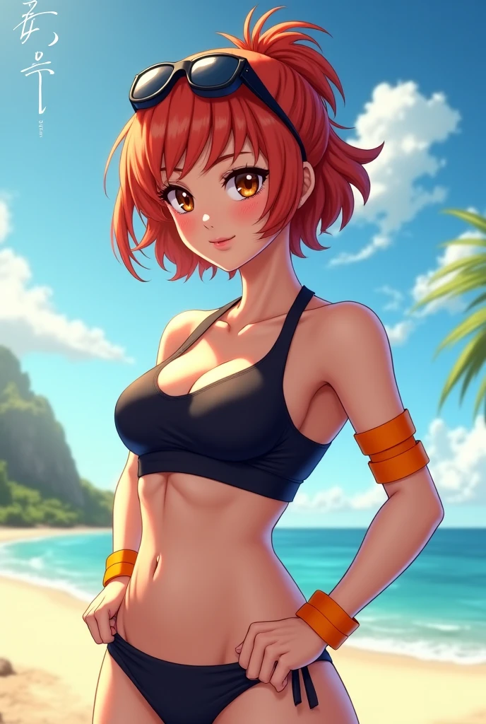 Best quality, ultra high resolution, 1 girl, Red hair, Green eyes, short and thin body, short top with a neckline, ((shyexpression)),