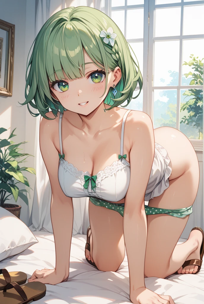 ((((masterpiece, Highest quality, High resolution)))),Ultra HD 8k 1 girl, Green Hair,Purple eyes, Short Wavy Hair, Bobcut, (Very large breasts: 1.2), (Very big ass)blush, A light smile, shine, Thighs, Bare shoulders, clavicle, Tight waist, Cleavage, (Beautifully detailed face, Beautiful detailed eyes with large pupils,Drooping eyes), long slender Thighs, Perfect Eyes, Looking at the audience, Captivating looks, Seductive pose, The crotch of her panties is visible,wTranslucent,White lace lingerie,View from behind