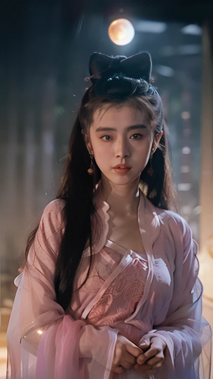 Nie Xiaoqian,Huan Su Xian, BG_picture,Wear ancient Chinese clothes (Translucent, Sparkling Pink Outfit:1.4), hair bun,alone,1 woman,long hair,angel,realistic,Chinese clothes,Hanfu,hair bun,lips,parted lips,look at the audience.,upper body(The backdrop is ancient China amidst a demon forest.:1.2),(Standing in the crimson glow of a full moon.:1.3),, เห็นตัวเธอด้านหน้าทั้งตัวbest quality , Masterpiece, illustration, Very delicate and beautiful, มีรายvery detailed ,CG,unity,8K wallpaper, Marvelous, exquisite details, Masterpiece, best quality,official art,มีรายvery detailed CG unity 8K wallpaper,nonsense, incredibly nonsense, Big file size , very detailed, height, มีรายvery detailed,Beautiful girl with details, มีรายvery detailed eyes and face, Beautifully detailed eyes,light on face,