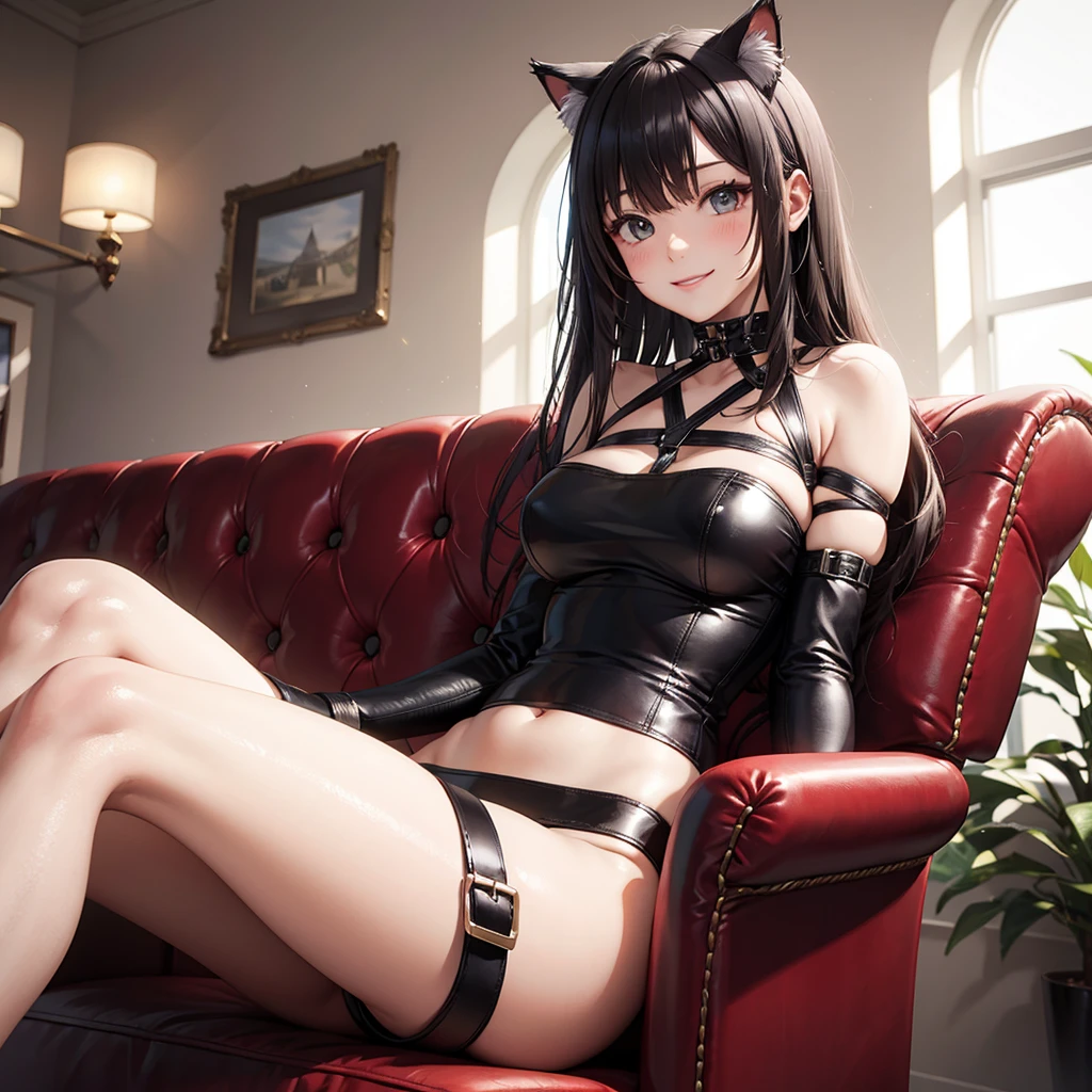Detailed facial details，，1 girl，Red lips，Cat ear，Black long hair，chuckle，Wearing a latex bikini，Black striped prison uniform，Large Breasts，Handcuffs，collar，Radiant Skin，Iron frame bed，Kneeling on the stone slab，Dungeon，prison