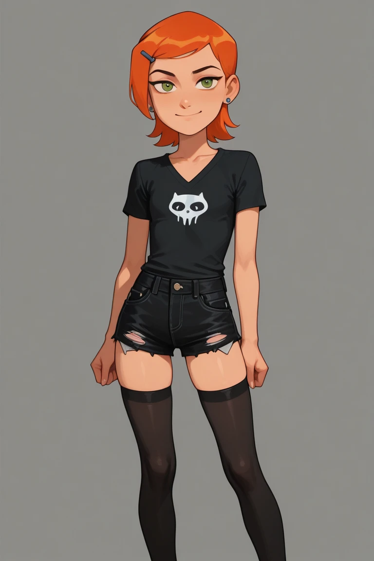 1girl, full body, crop top, mini skirt, blushing, brown eyes, very short brown hair, big boobs, white skin,  long eyelashes, eyeshadow,  small face, big eyes