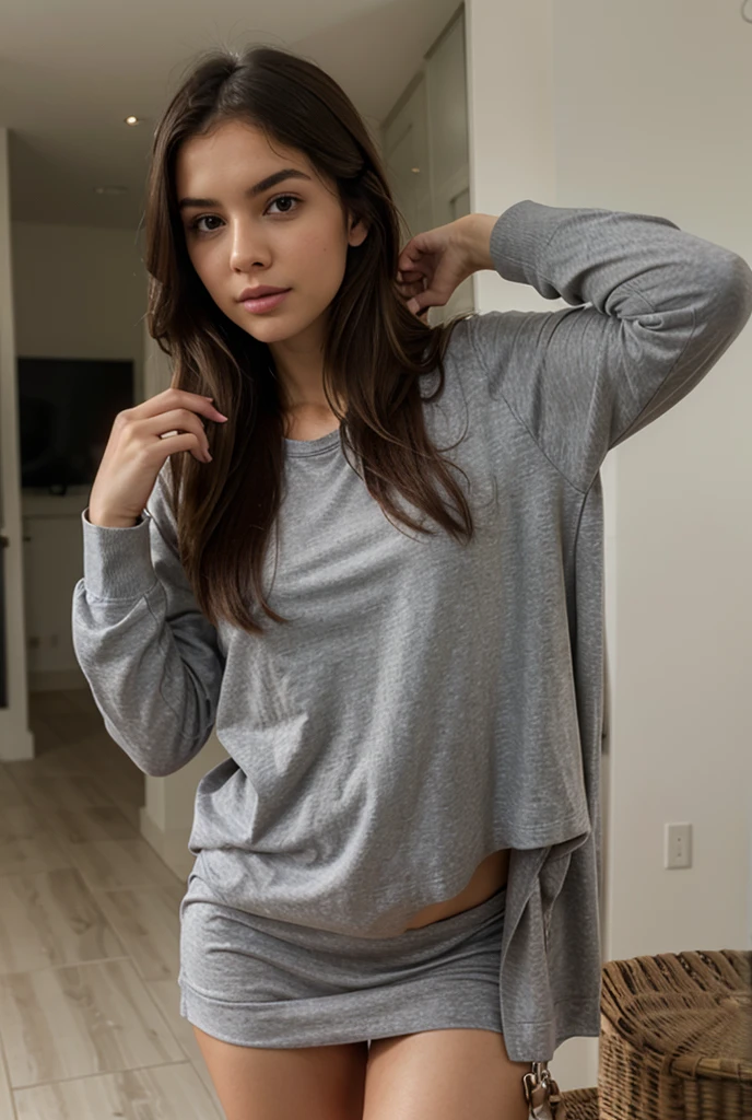 beautiful woman, wearing comfy clothes. sitting by window, looking out window, at night. rainy night. ((in cozy bedroom)), (solo), hair