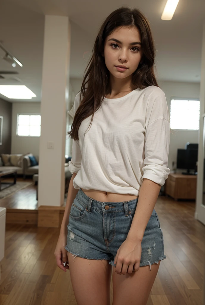 a girl seeting on a bed on a red bedroom she ewring a red srrick chake shart and a denim shorts