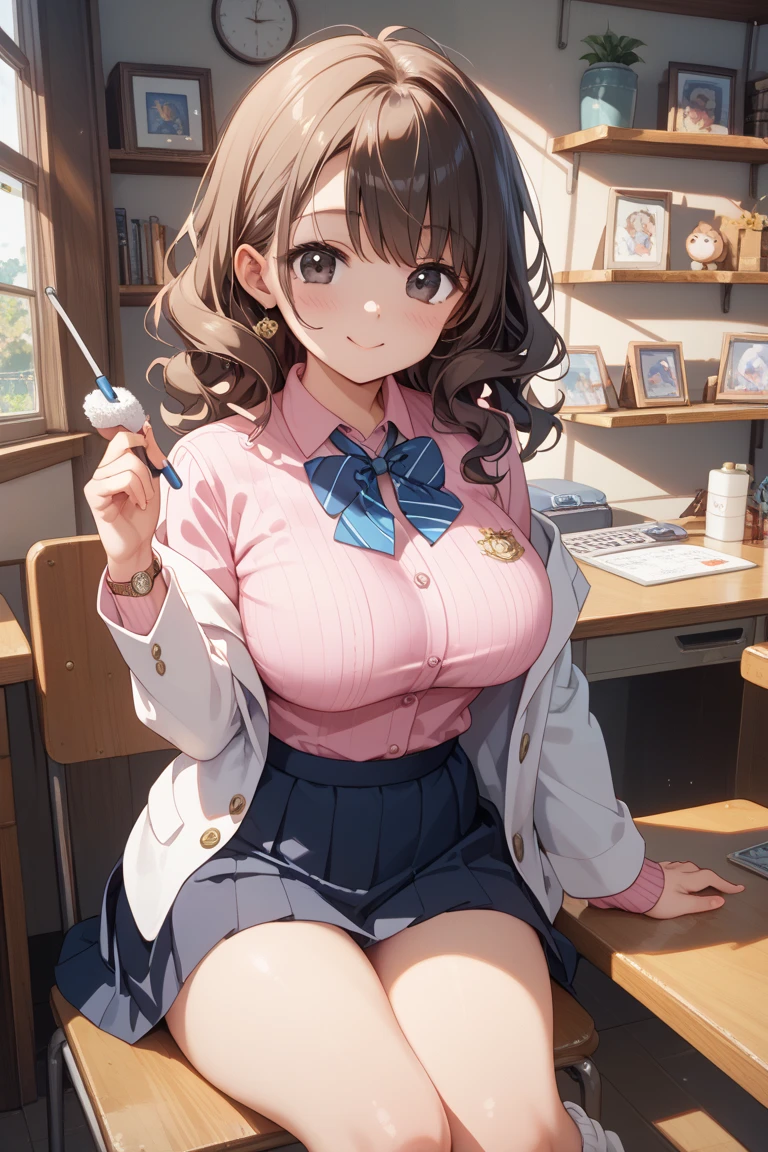 (masterpiece、Highest quality、Very detailed))、One girl、gyaru、Brown Hair、short hair、Two Side Up、Grey Eyes、evil smile、((open mouth))、((tongue out))、((lots of piercing))、((Large Breasts))、((White collared shirt))、((pink cardigan))、((necklace))、、((Black pleated skirt))、((micro miniskirt:1.2))、thighs、Cowboy Shot、((bent over))、Classroom Background
