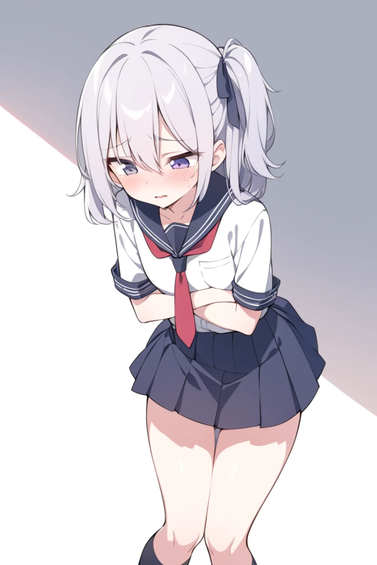 ((masterpiece)), (Highest quality), (Simple style), Silver hair, red eyes, sailor uniform, skirt, crouching, from the front, panty shot