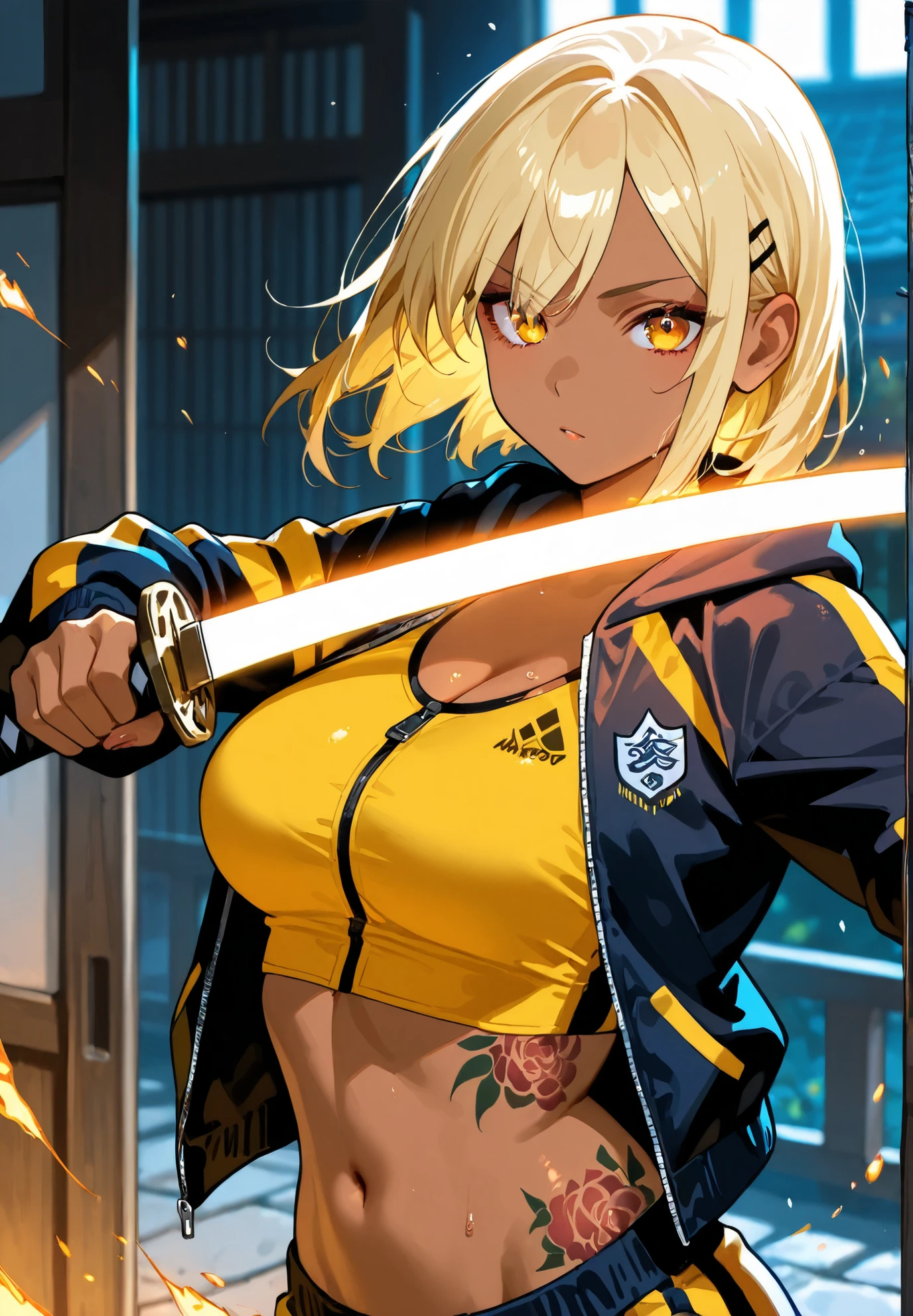 1girl,solo,A Beautiful Samurai girl Holding a Japanese Sword 、Bold Sword Stance 、 yellow hair 、 Brown skin 、 sports jacket、 hoodie, Perfect Face, Textured Skin , Read more, tattoos /Japanese carving/、 Movie Lighting Effects ,masterpiece,top quality,warm color,high resolution,high fashion,absurdres extremely,vivid colors,intricate details,best quality,amazing quality,very aesthetic,newest,ultra-detailed,nsfw