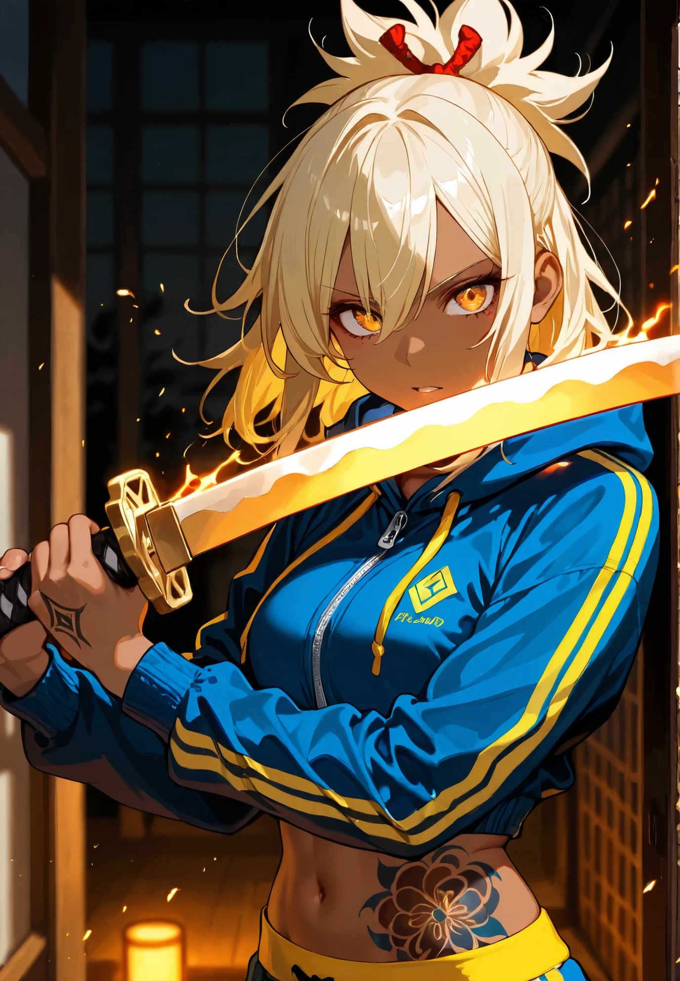 1girl,solo,A Beautiful Samurai girl Holding a Japanese Sword 、Bold Sword Stance 、 yellow hair 、 Brown skin 、 sports jacket、 hoodie, Perfect Face, Textured Skin , Read more, tattoos /Japanese carving/、 Movie Lighting Effects ,masterpiece,top quality,warm color,high resolution,high fashion,absurdres extremely,vivid colors,intricate details,best quality,amazing quality,very aesthetic,newest,ultra-detailed,nsfw