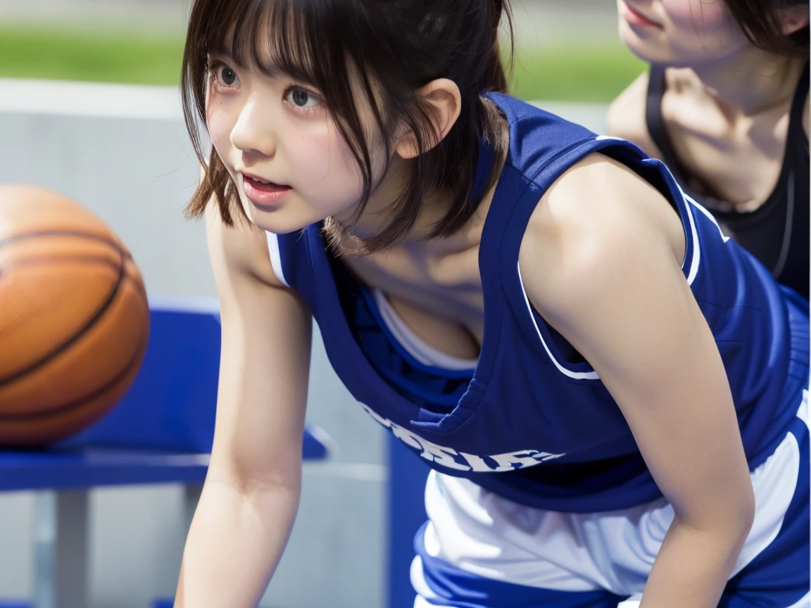 One lady,12year old,japanes(((Basketball Silk Sleeveless Uniforms)))portlate,A dark-haired,Beautiful ponytail,Wet with sweat,Clothes are wet,Serious look,(((Beautiful udder)))C Cup(((Gymnasium)))