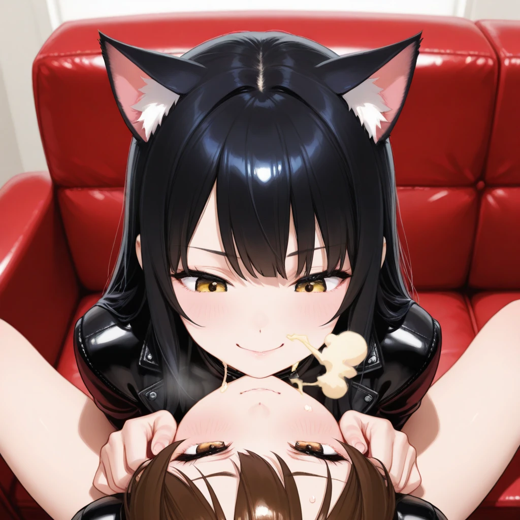 imminent fellatio, 1girl,shinobu, bodysuit, looking at viewer, :o, penis, 1boy