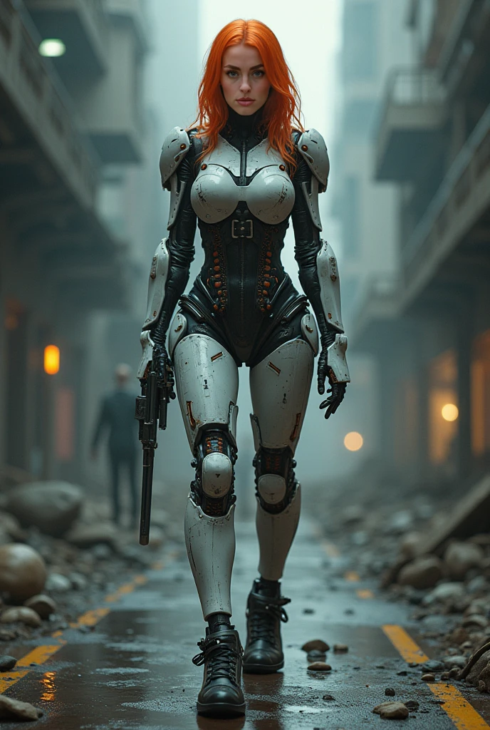 Female robot,full body,perfect Female face,fair_skin,blue eyes,pink hair,Realistic photo,looking at viewer,mechanical arms,mechanical leg,Standing,wavy hair,curvy,chest blue energy core,the ruins of war,Arm-integrated firearm,(Raise the gun to aim:1.2),focus muzzle,