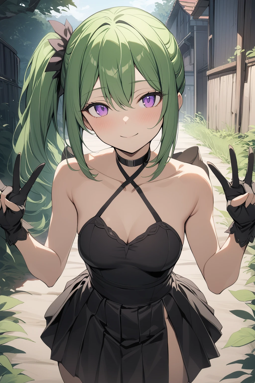 score_9, score_8_up, source_anime, 1girl, solo, UbelFrieren, purple eyes, dark green hair, medium hair, side ponytail, black choker, arm strap, armlet, black dress, halter dress, cleavage, short dress, belt, sleeveless, single glove, black gloves, thigh strap, black knee boots, smile, on floor, dark. dungeon, stone wall, stone floor, head rest,