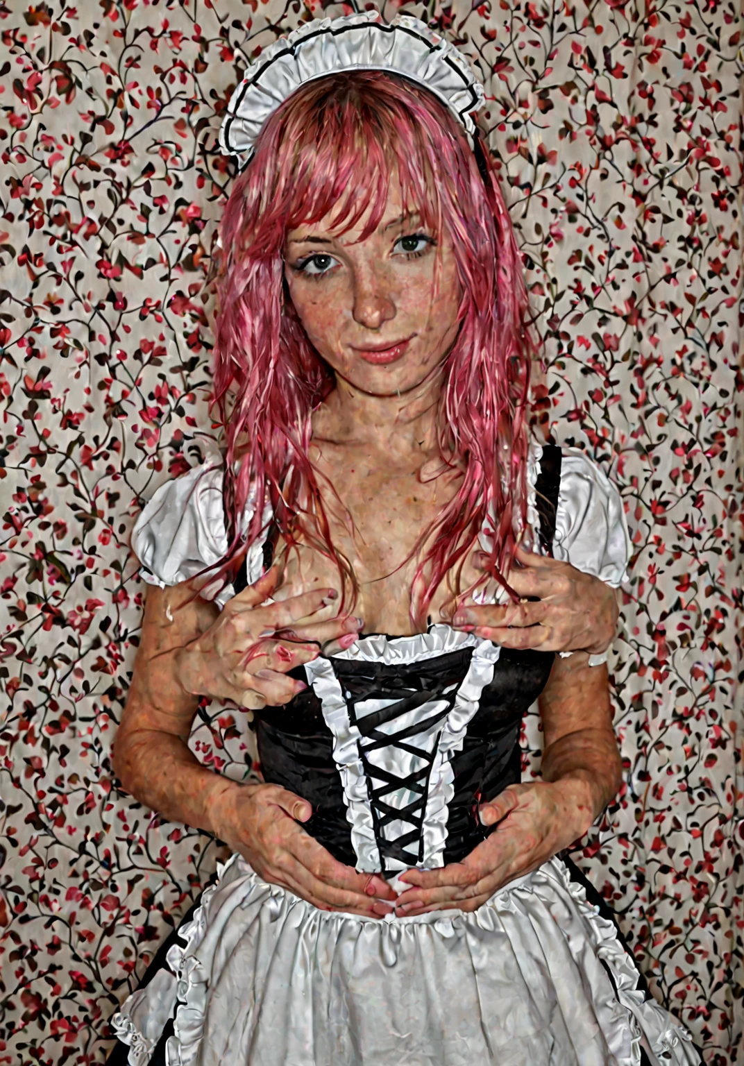 Lambdadelta, dress, bow, red shoes, striped stockings, red bow, pink hat, necklace, gloves, pearl, pumpkin brooch,lying on bed, looking at viewer, cleavage, expressionless. extremely detailed, 16k CGI render ((photography)), masterpiece, best quality, 