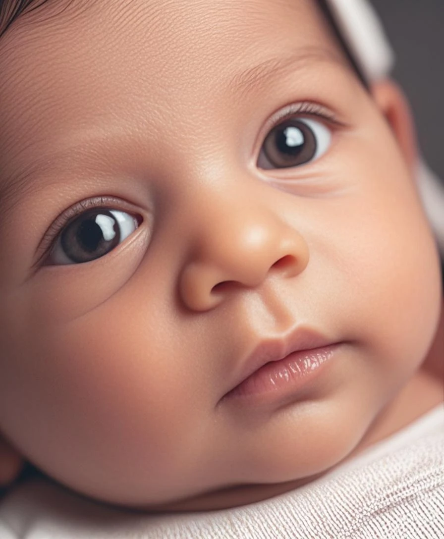 A newborn baby with brown hair, light skin, dark brown eyes 